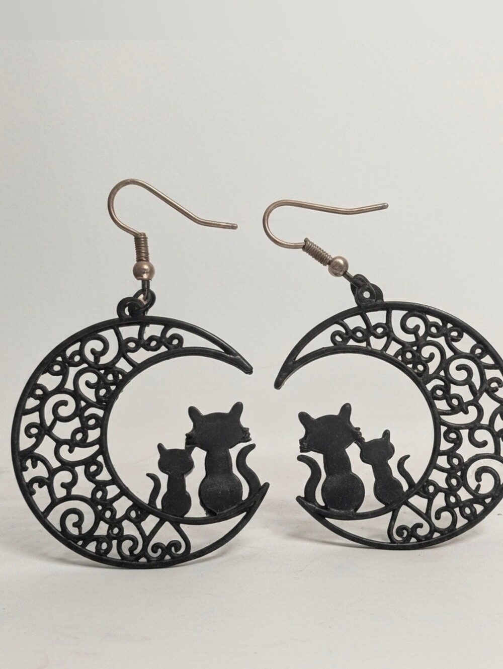 Black Cat Moon Silhouette Dangle Earrings
